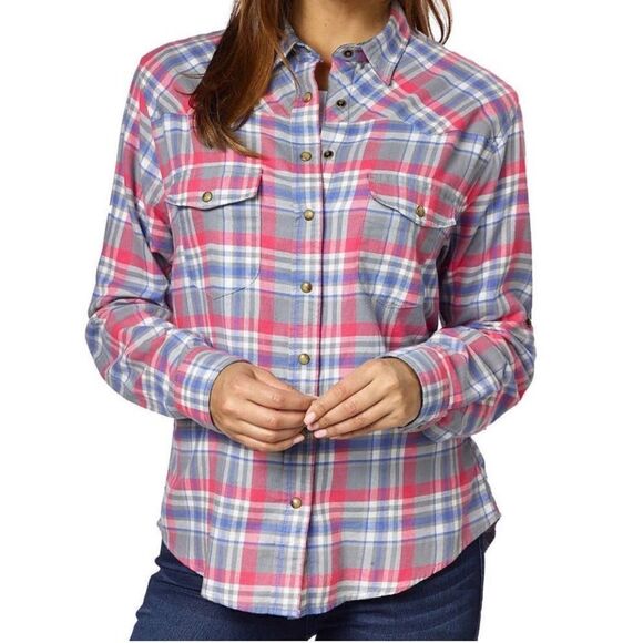 Jachs Girlfriend Bea Flannel Snap button up Front Shirt Pink gray plaid-M - Picture 1 of 11